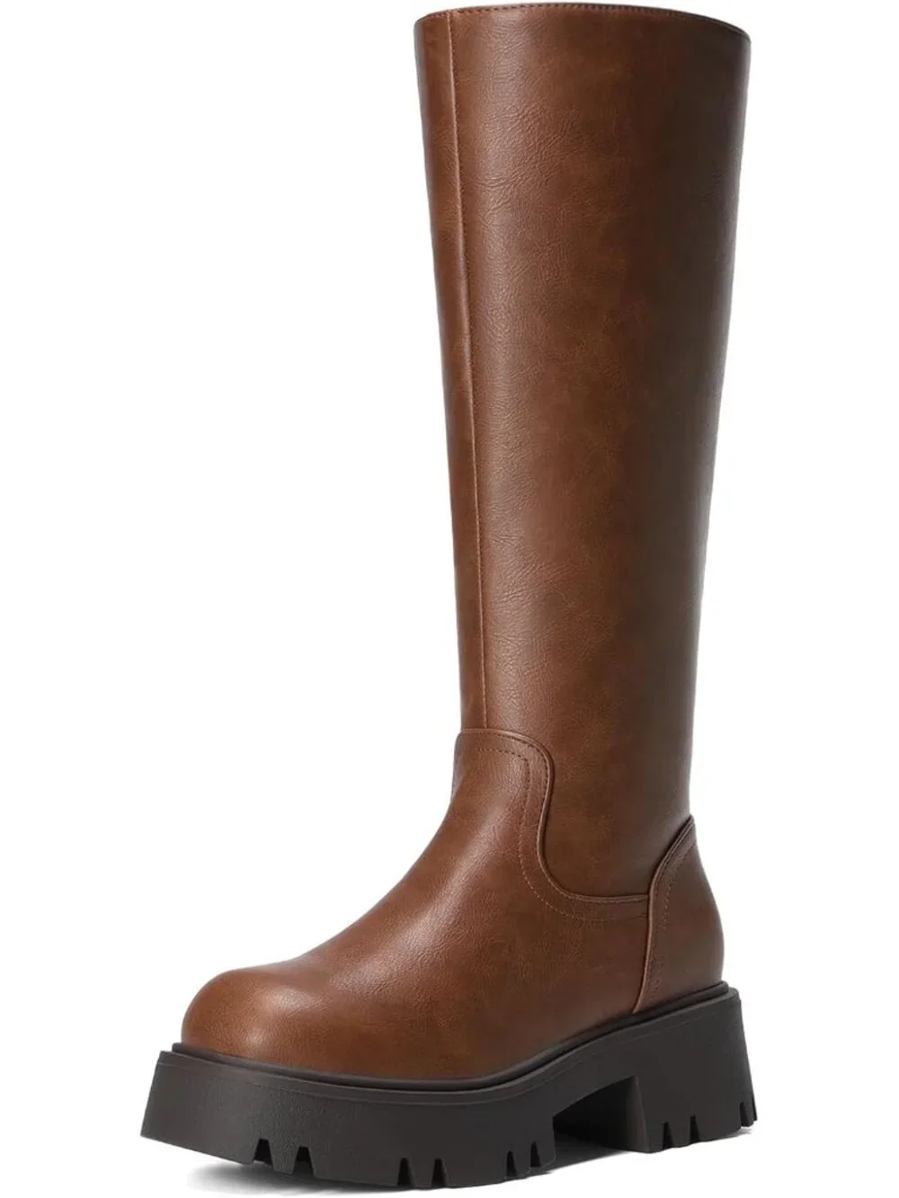 Dream Pairs Women's Light Brown Round Toe Side Zipper Platform Knee High Boots